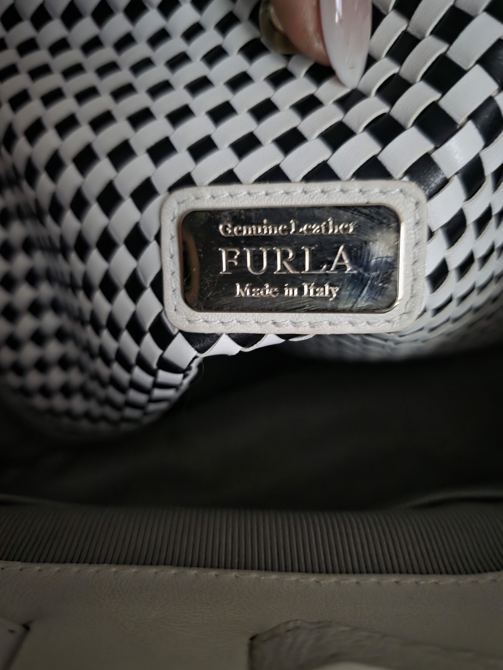 Furla Genuine Leather And Suede Ext With Black & White Woven Bag Interior Plate
